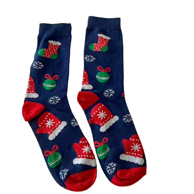 Men's navy Christmas socks featuring red festive stockings, colourful baubles and snowflakes, included in Love Gifting Christmas gift boxes.