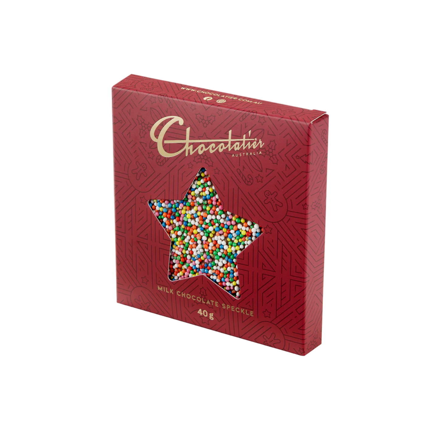 Red chocolate box with star design on a white background