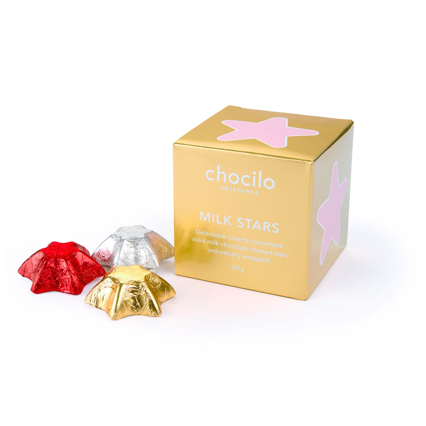 Gold box of 'chocilo' milk stars chocolates on a white background
