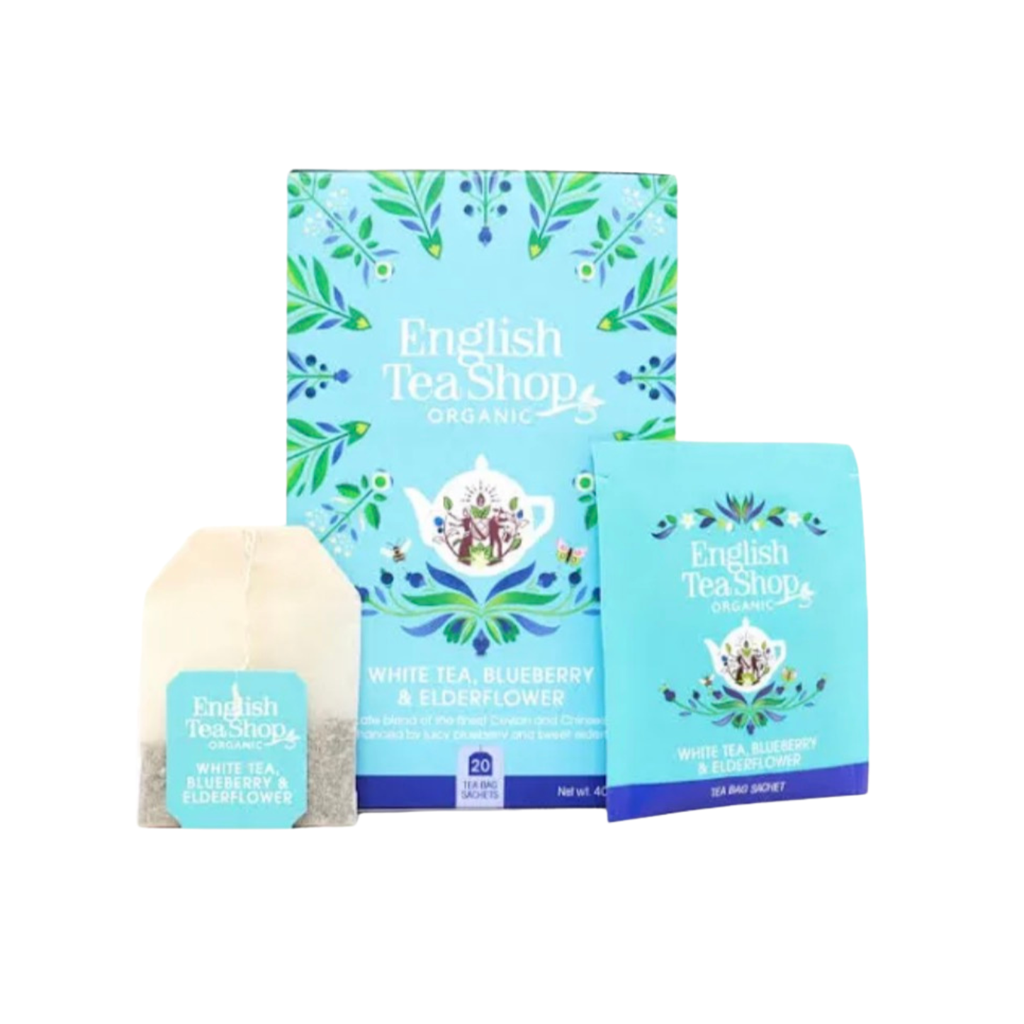 English Tea Shop tea bags with packaging on a white background