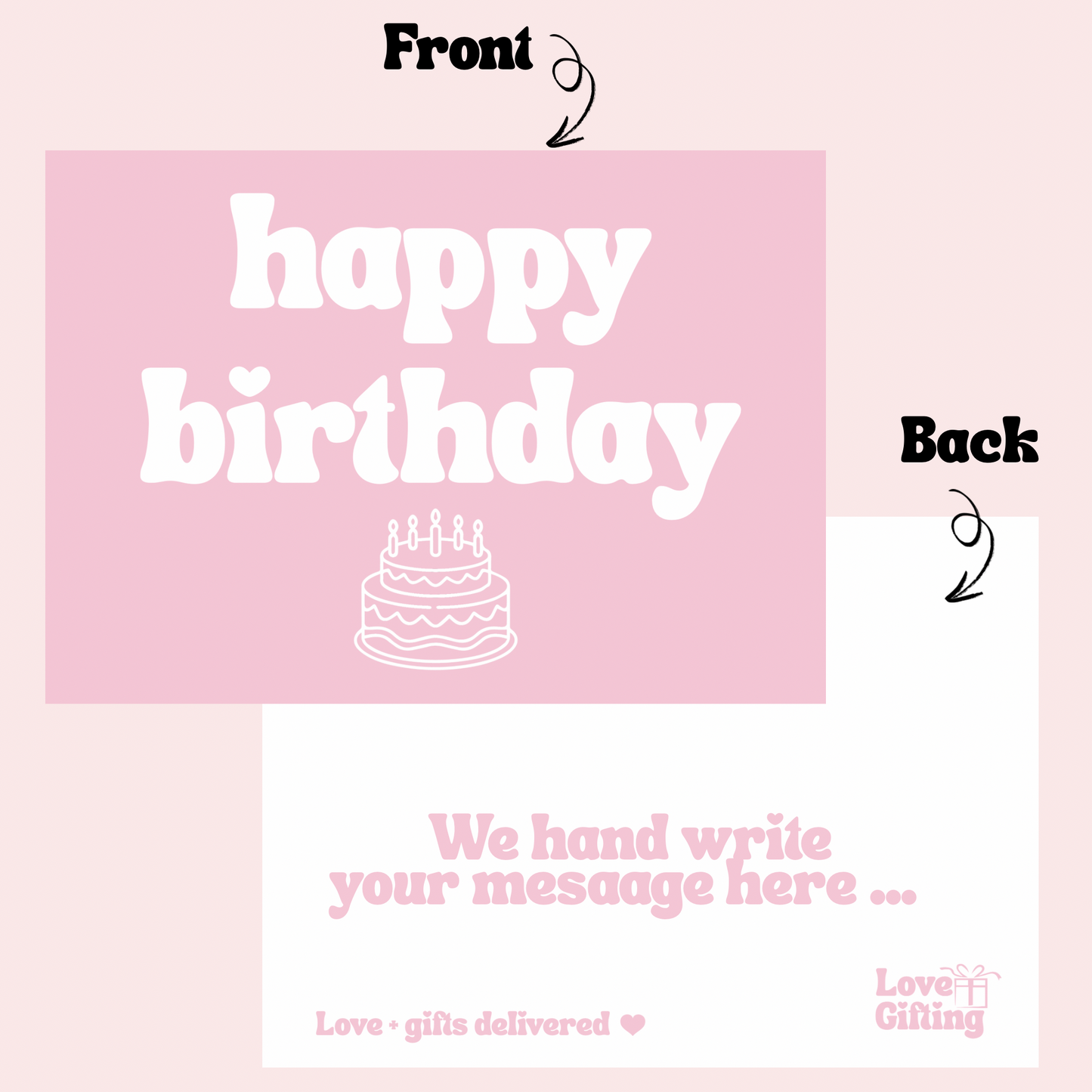 Pink birthday card with 'happy birthday' text and cake illustration on a light pink background.
