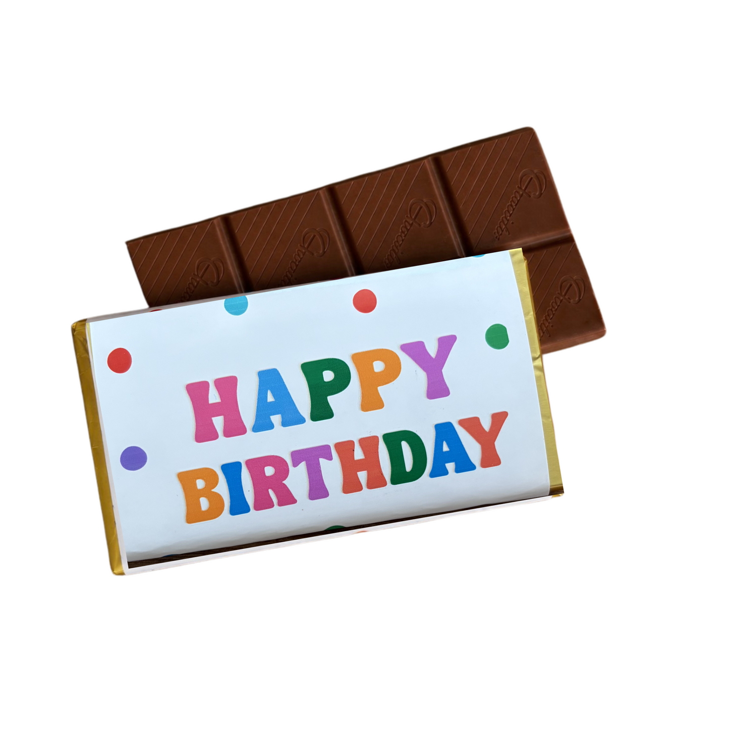 Chocolate bar with a colorful 'Happy Birthday' wrapper on a white background