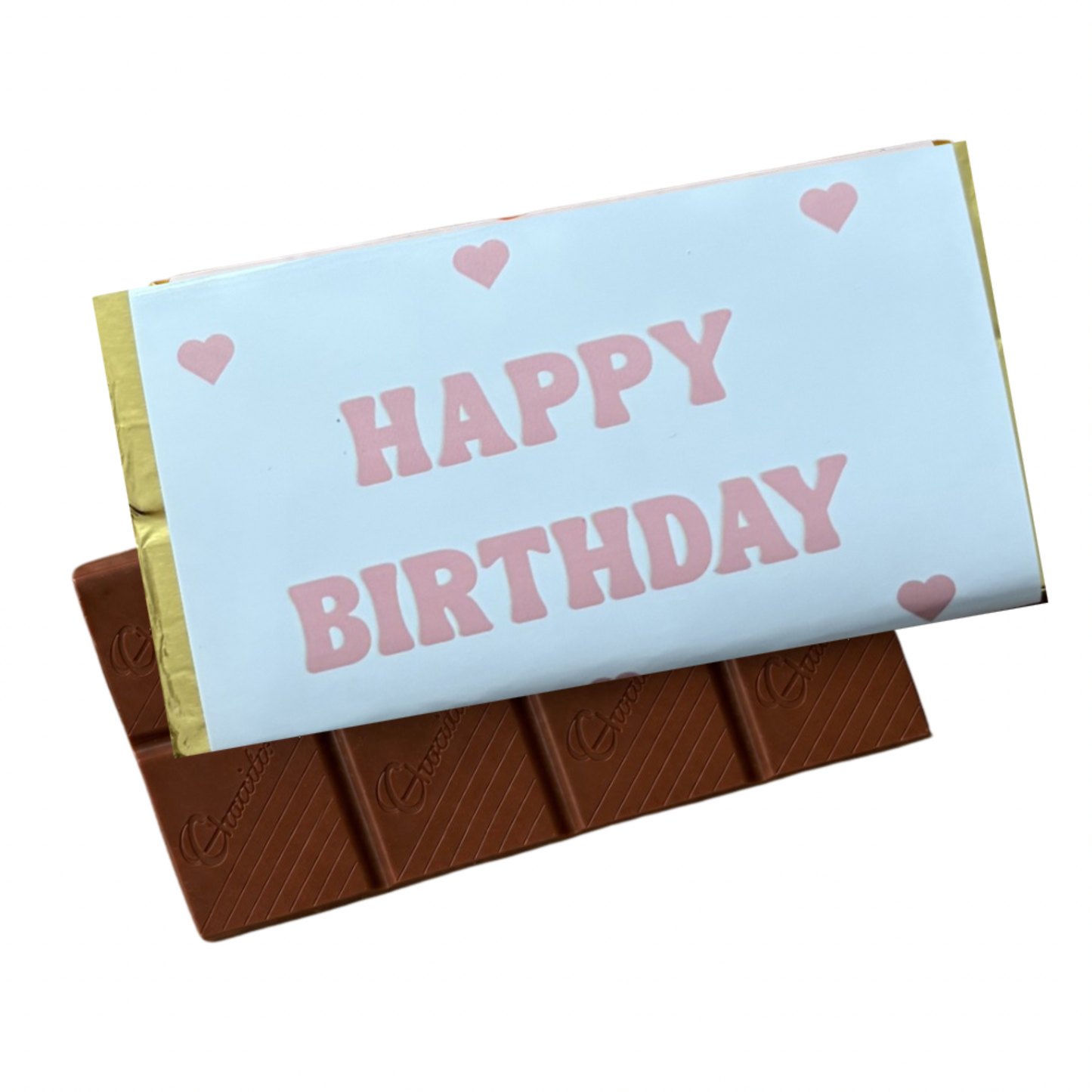 Chocolate bar with a 'Happy Birthday' wrapper on a white background
