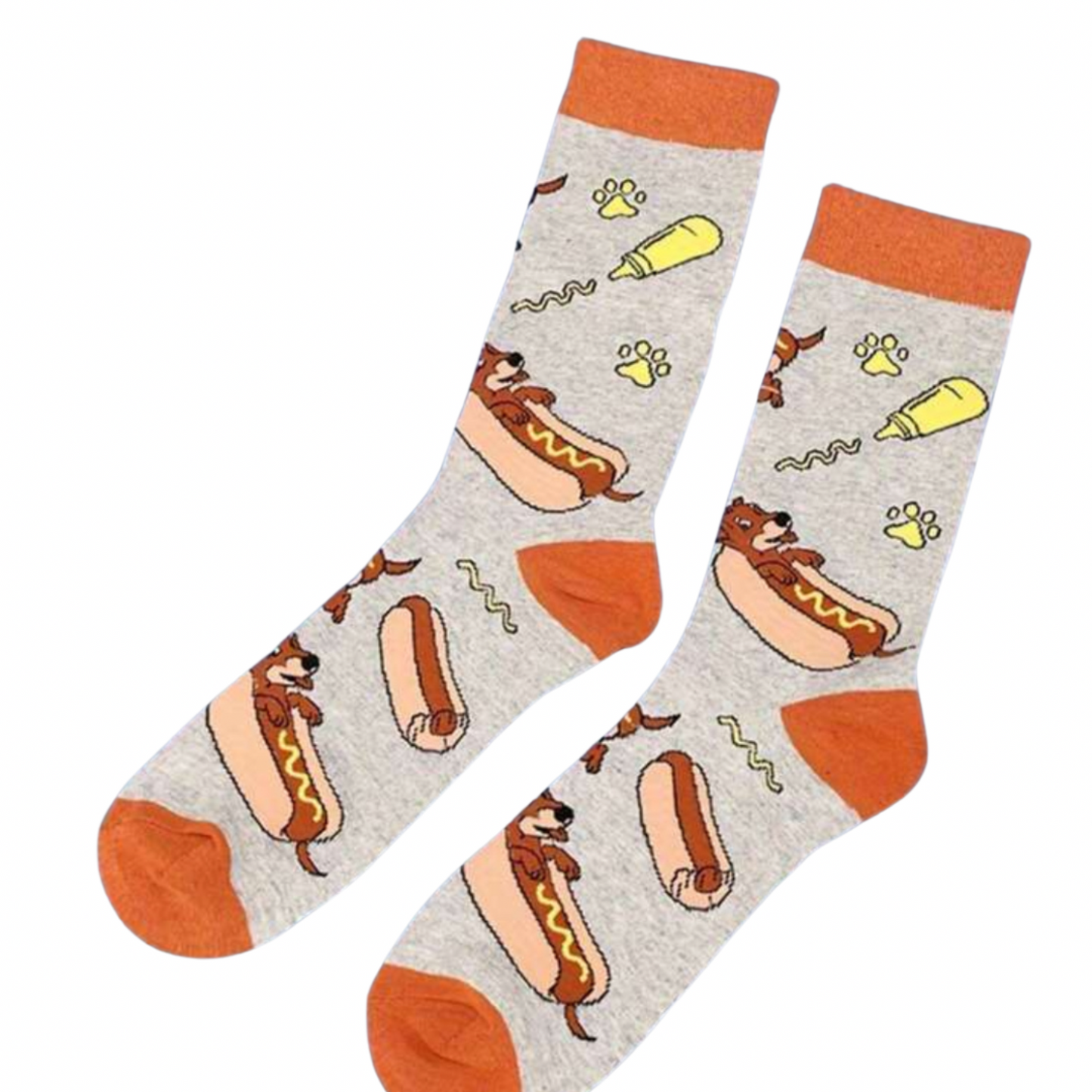 Socks with hot dog and mustard pattern on a white background