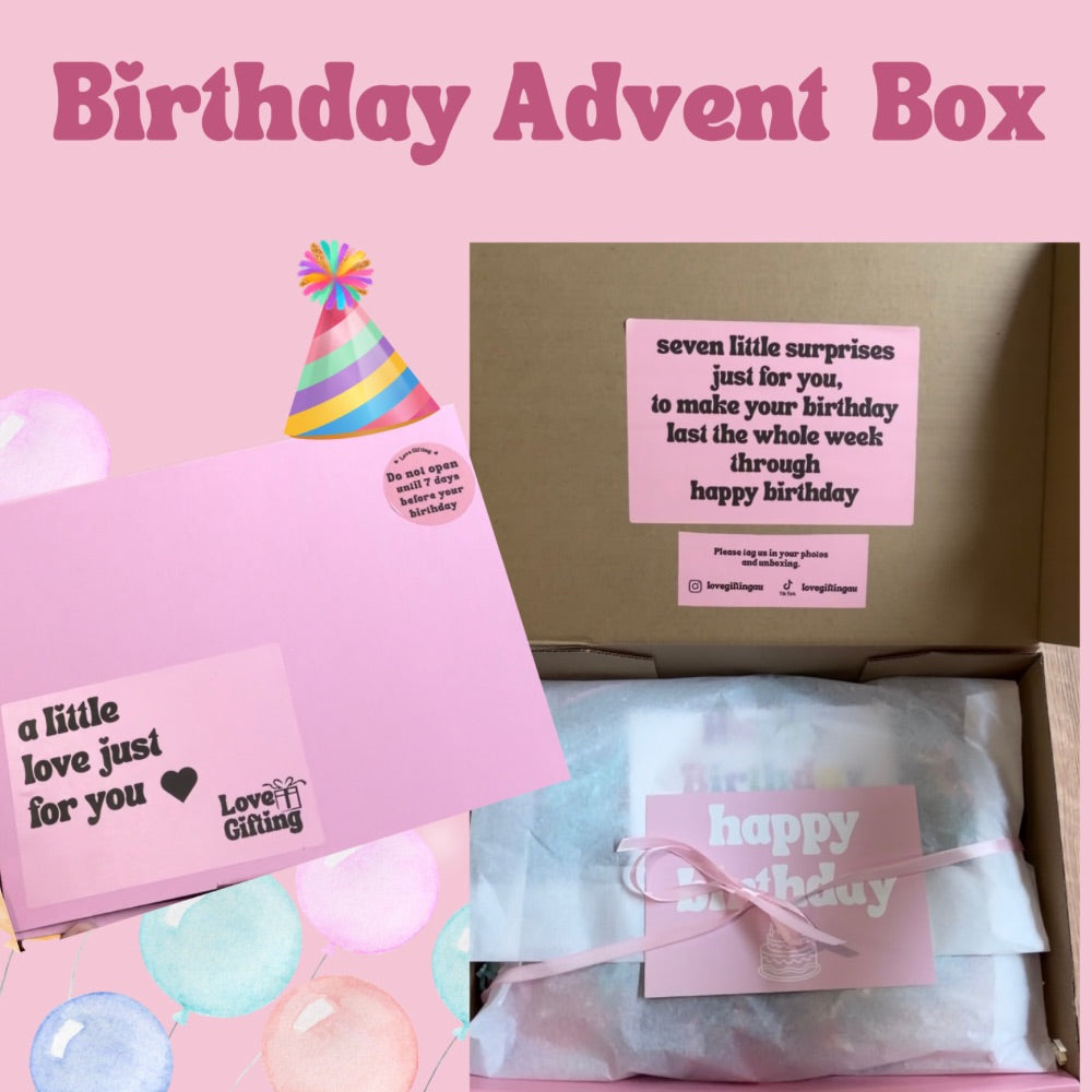 Birthday Advent Box with seven individually wrapped birthday gifts and handwritten gift card