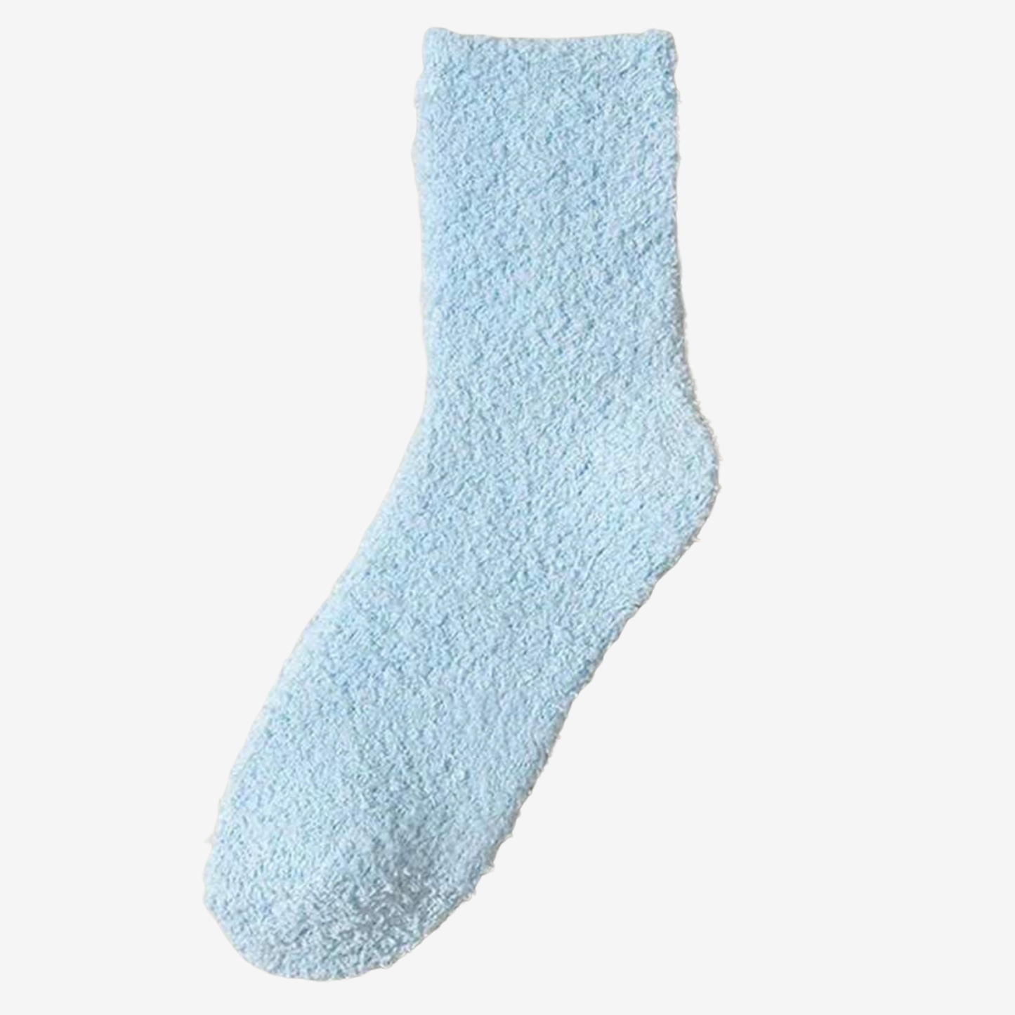 A single light blue fuzzy slipper sock shown against a plain light gray background.