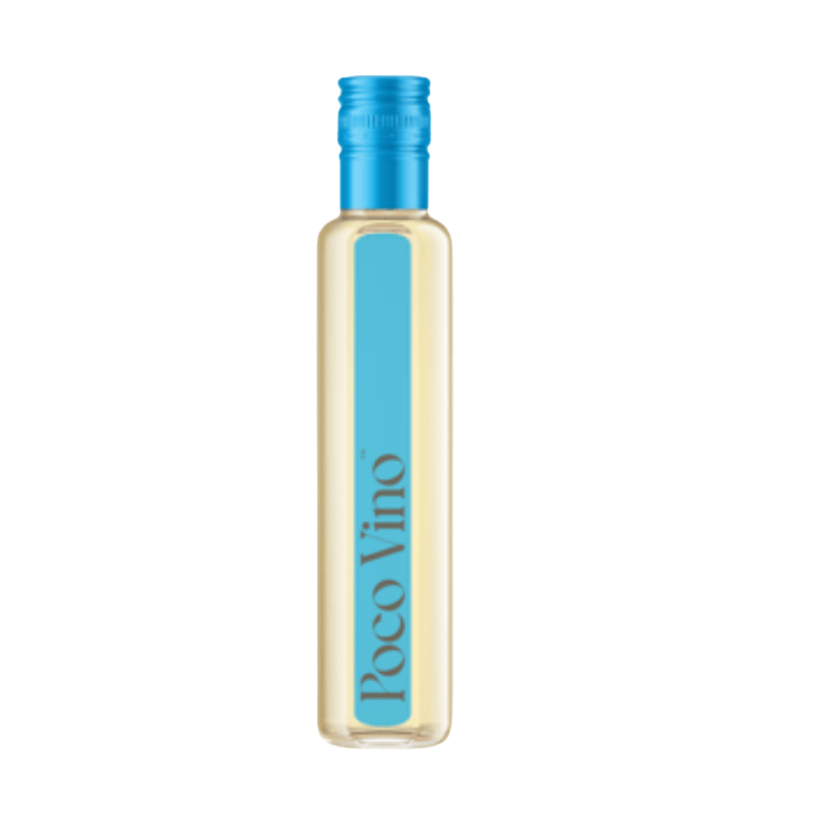 Bottle of Poco Vino with blue label and cap on a white background