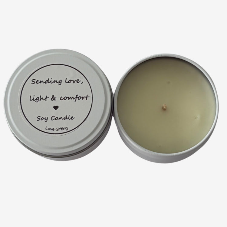 Sympathy soy candle with Sending Love, Light and Comfort message, a thoughtful condolence gift for someone grieving