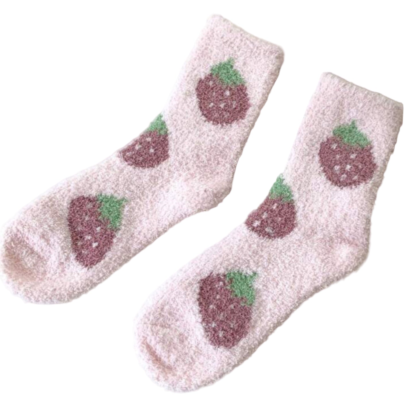 Fluffy pink socks with strawberry design