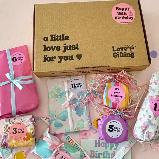 18th  Birthday Advent gift box with individually wrapped birthday surprises.