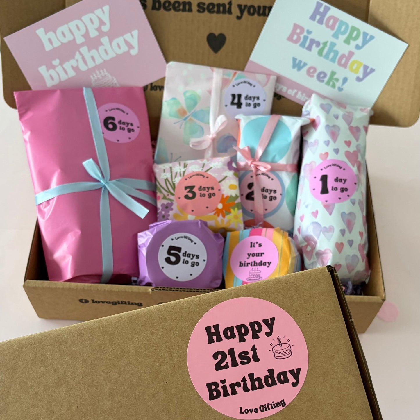 21st Birthday Advent gift box with Happy 21st Birthday sticker, ready to gift.