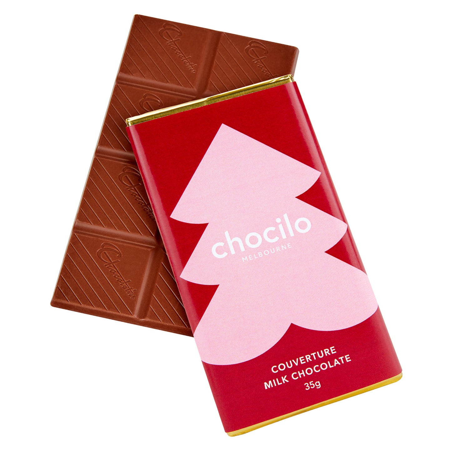 Red chocolate bar packaging with a pink tree design and 'chocilo' branding on a white background.