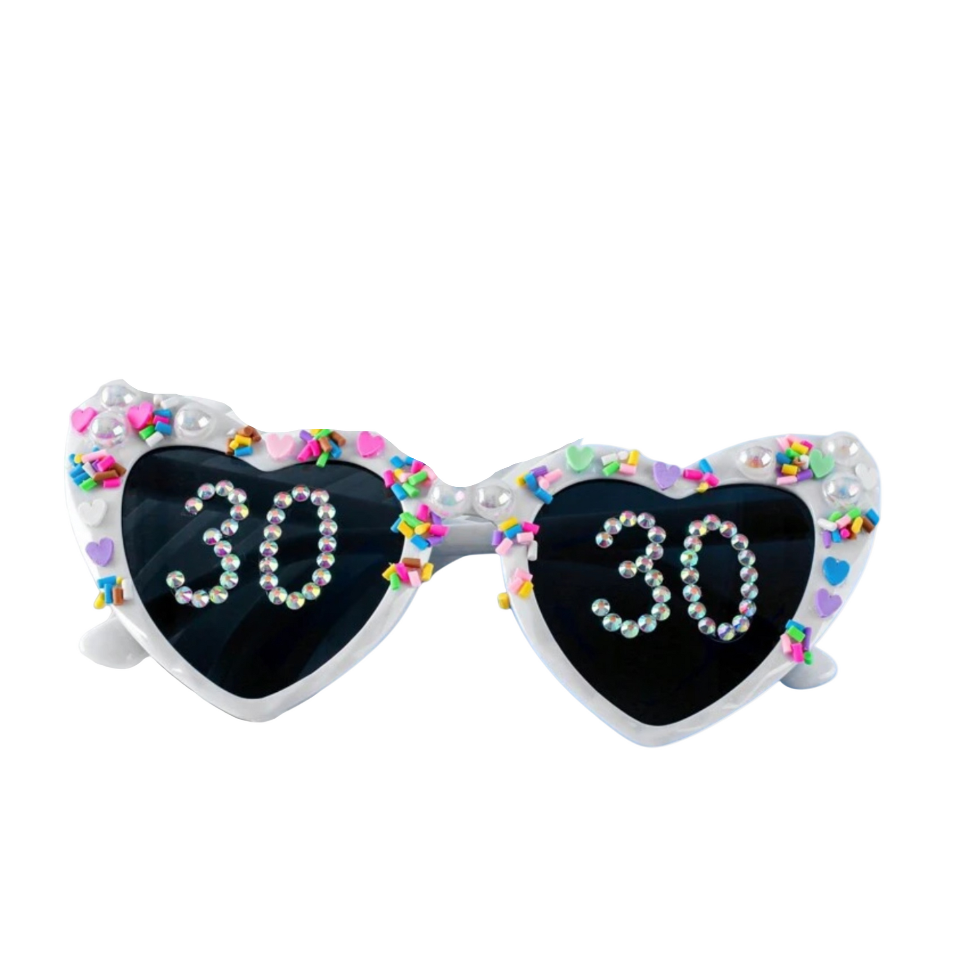 Sunglasses with heart-shaped lenses displaying '30' and colorful embellishments on a white background