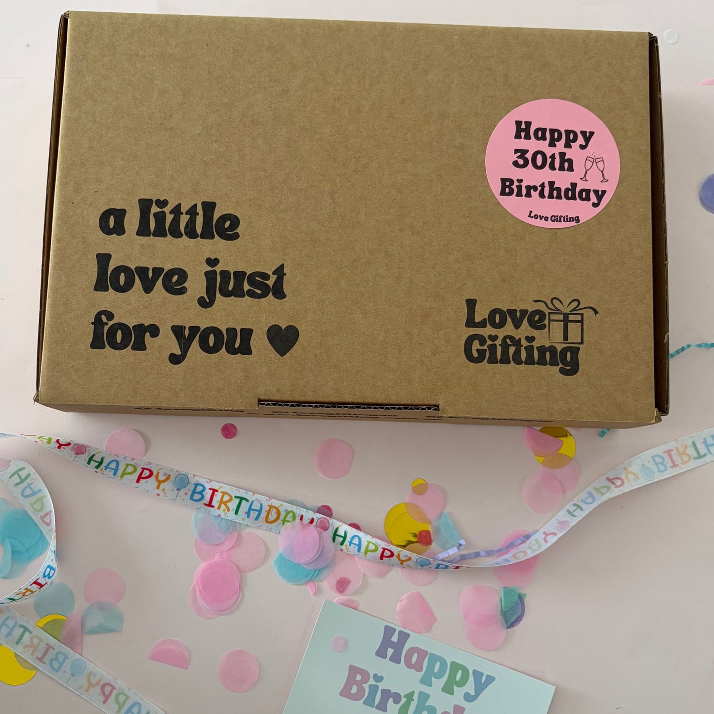 30th Birthday Advent gift box with Happy 30th Birthday sticker, ready to gift.