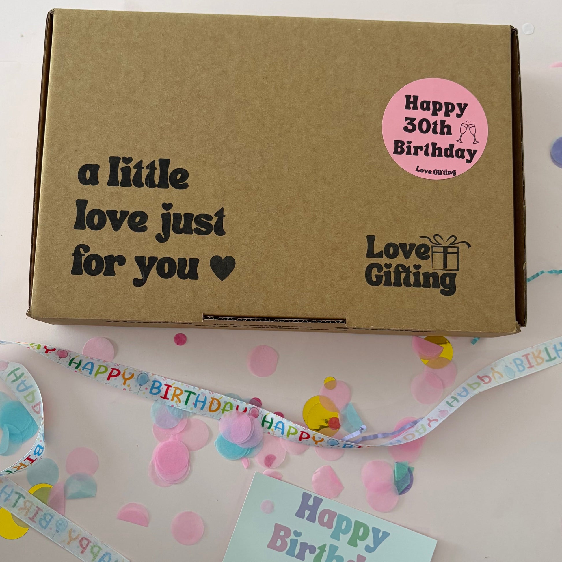 30th Birthday Advent gift box with Happy 30th Birthday sticker, ready to gift.