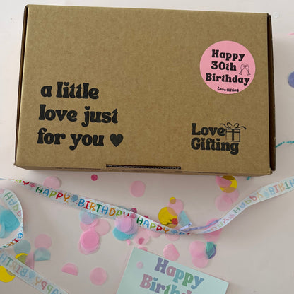 30th Birthday Advent gift box with Happy 30th Birthday sticker, ready to gift.