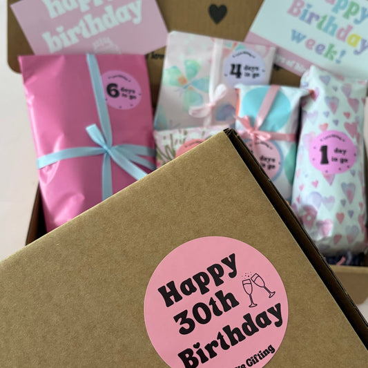 30thBirthday Advent gift box with Happy 30th Birthday sticker, ready to gift.