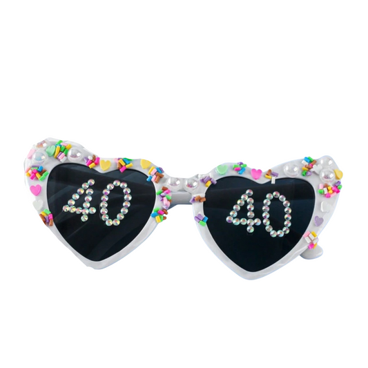 Heart-shaped sunglasses with '40' and colorful decorations on a white background
