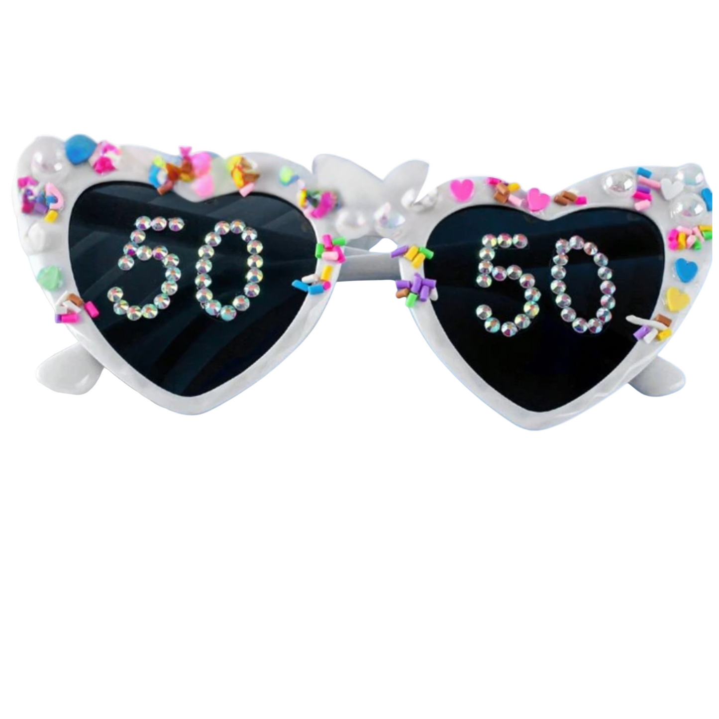 Heart-shaped sunglasses with '50' and colorful decorations on a white background