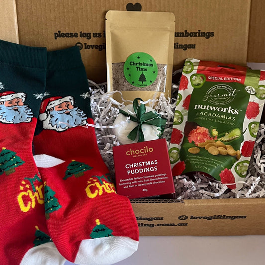 Gifts box for men including socks, chocs, nuts and coffee scrub