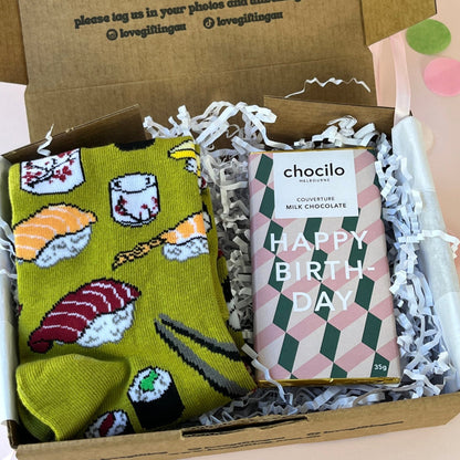 Box with sushi socks and a Happy Birthday chocolate bar