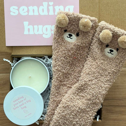 Pair of fluffy brown socks with bear faces and a candle , sending hugs gift box australia