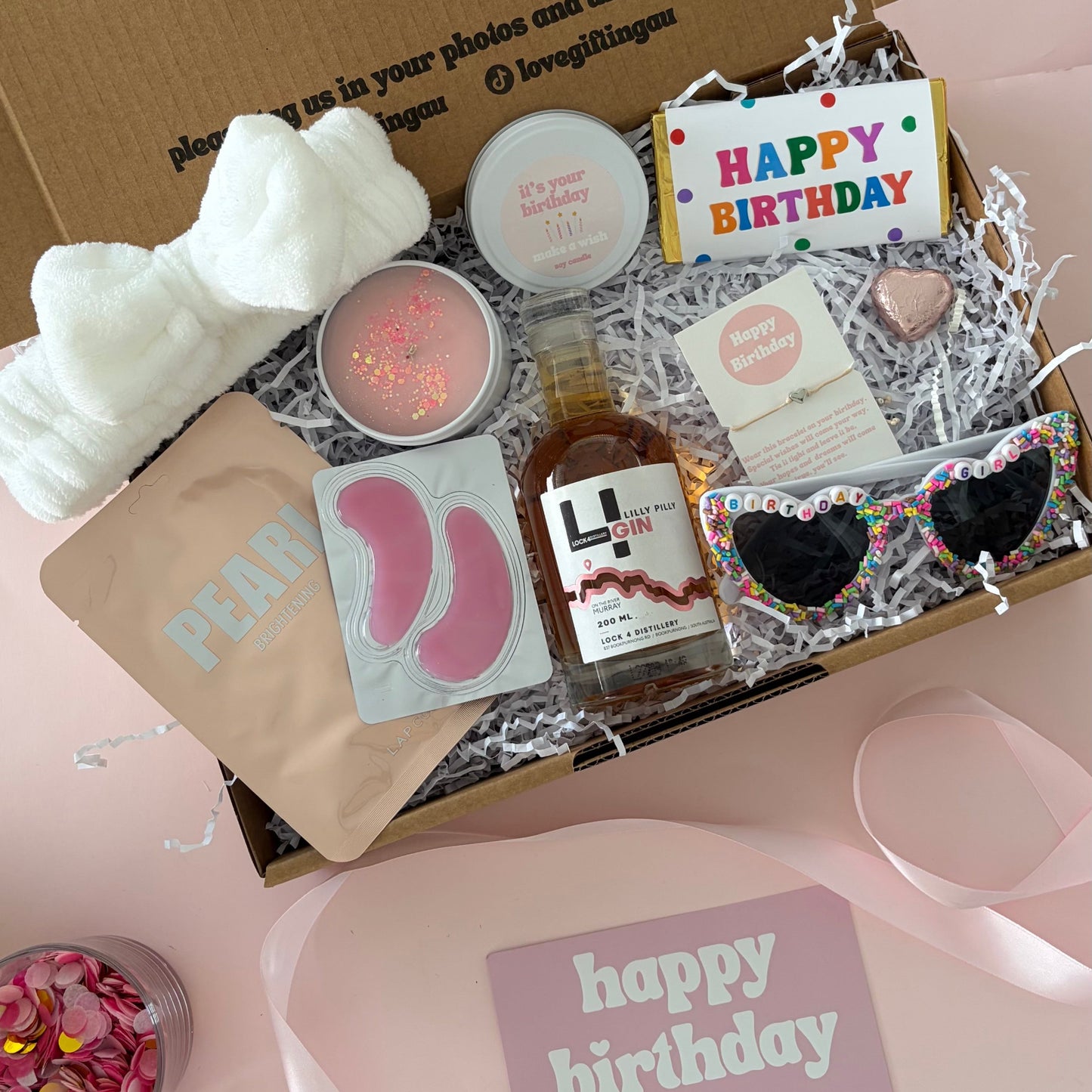 Gin Birthday Gift Box, includes gin, happy birthday chocolate, sunglasses, facemask and candle