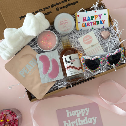 Gin Birthday Gift Box, includes gin, happy birthday chocolate, sunglasses, facemask and candle
