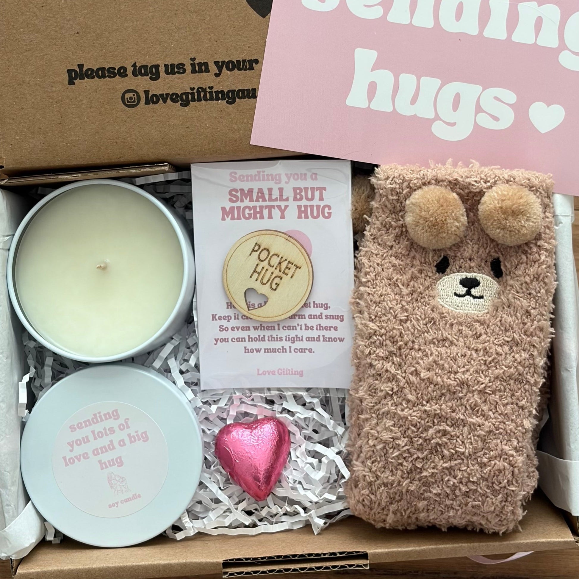 Bear socks, Candle, chocolate and pocket hug - perfect thoughtful gift box 