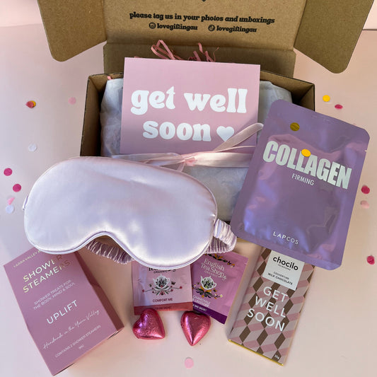 Get well soon care package gift box  with eye mask, chocolate bar , shower steamers, organic teabags and get well soon card
