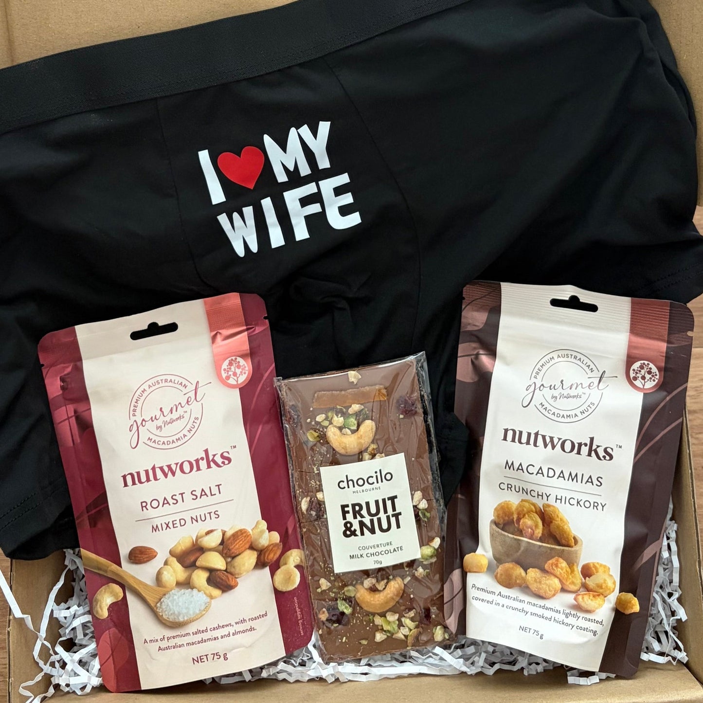 Mens I love my wife gift box, undies, chocolate and nuts 