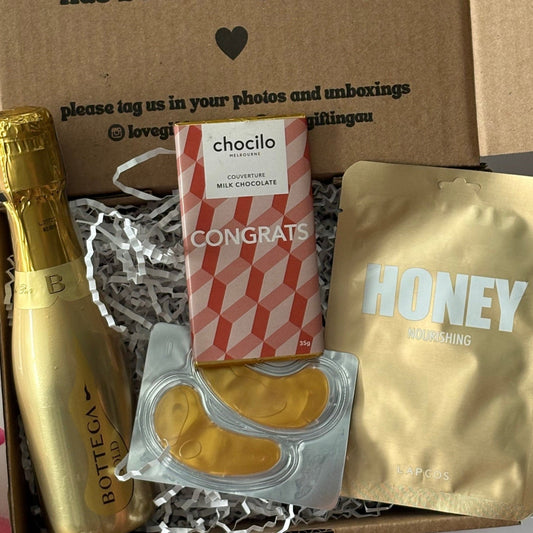 Congratulations Gift Box - contains congrats choc bar, bottega prosecco, eye mask and face mask
