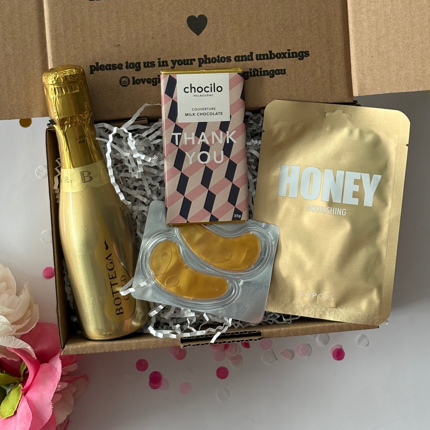 Thank you gift box - contains prosecco, face mask, under eye mask and thank you gourmet chocolate