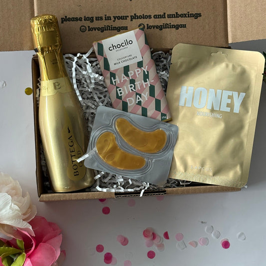 Happy Birthday GIft  Box, prosecco, face mask sheet, and chocolate 