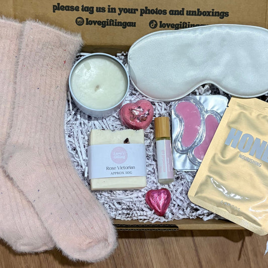 Pamper Gift Box with contains socks, soap, roller, facemask, choc heart and candle