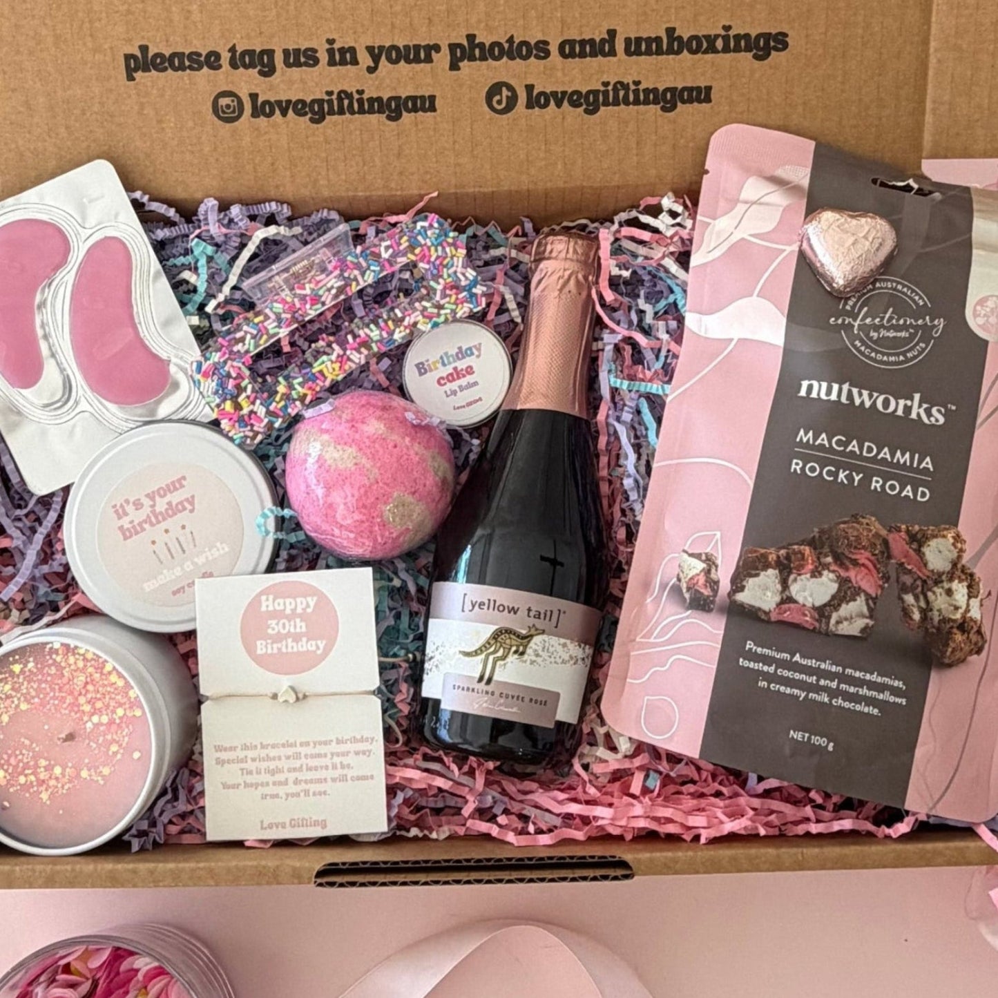 30th Birthday gift Box including prosecco, candle, rocky road, hair clip, lip balm, strawberry 