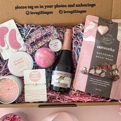 30th Birthday gift Box including prosecco, candle, rocky road, hair clip, lip balm, strawberry 