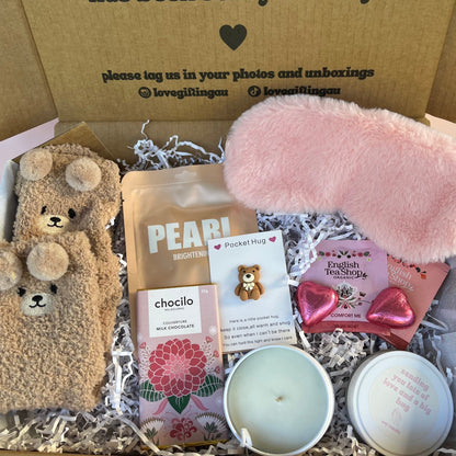 Lovely Gift box for someone who needs a hug, fluufy sleep mask, hug candle, bear socks, pocket hug , tea and chocolate 