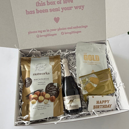 Happy Birthday Gift box containing  Prosecco Pamper and food treats 