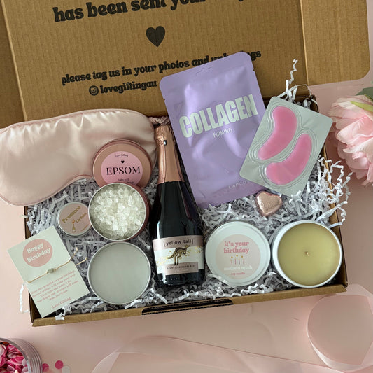 Prosecco birthday gift box , bath salts, facemask, candle , sleep mask 
