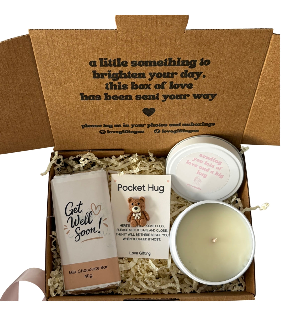 Get Well Soon gift box with Bear Pocket Hug, candle and chocolate Australia