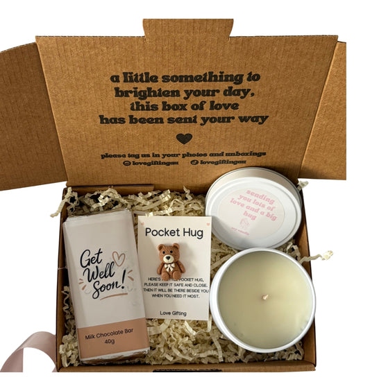 Get Well Soon gift box with Bear Pocket Hug, candle and chocolate Australia