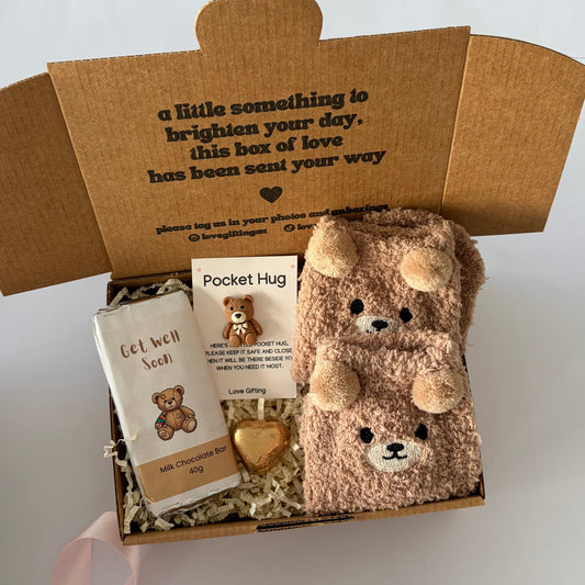 Mini Get Well Soon gift box with bear socks, Pocket Hug and chocolate Australia
