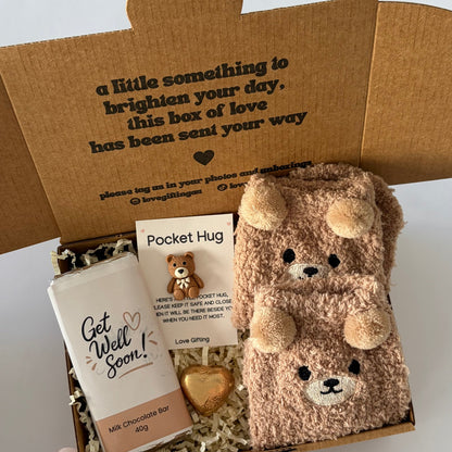 Get Well Soon gift box with Bear Pocket Hug, socks and chocolate Australia