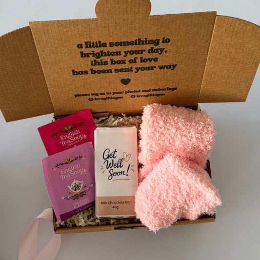 Mini Get Well Soon gift box with tea, pink cosy socks and chocolate Australia