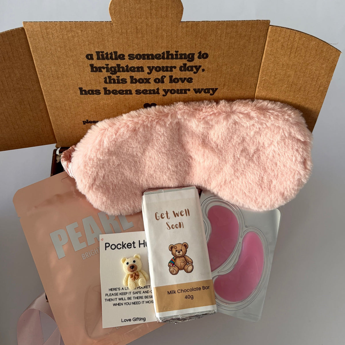 Get Well Soon pamper gift box with Pocket Hug, Korean skincare, pink sleep mask and chocolate Australia