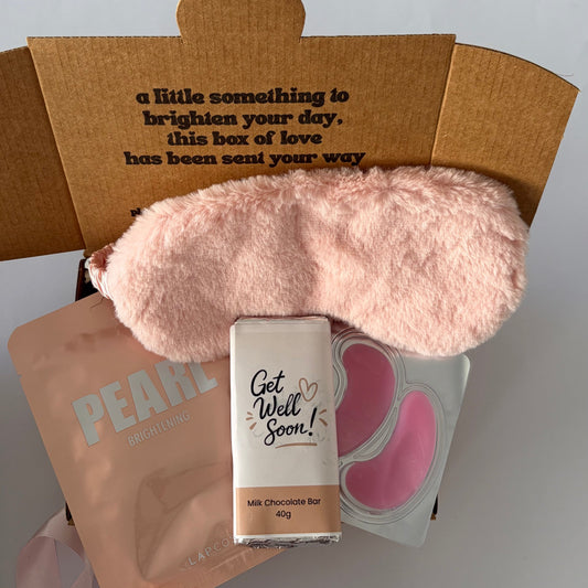 Mini Get Well Soon pamper gift box with Korean skincare, pink sleep mask and chocolate Australia