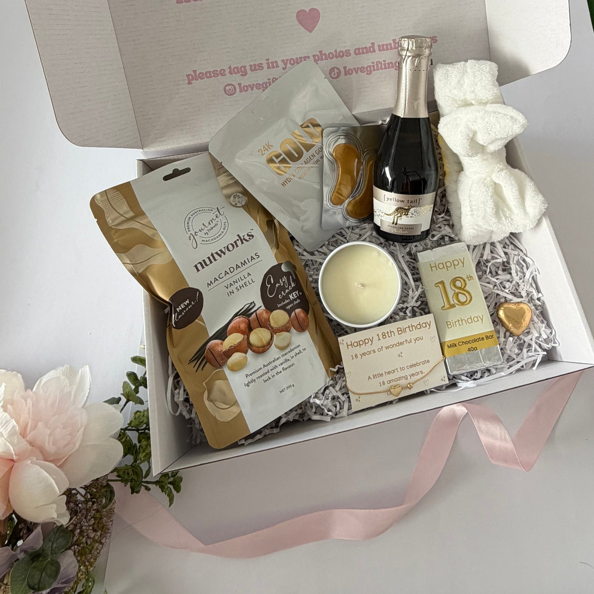 Celebrate her 18th with a beautiful birthday gift box filled with pampering, treats and a milestone keepsake. Optional sparkling wine. Australia-wide delivery.