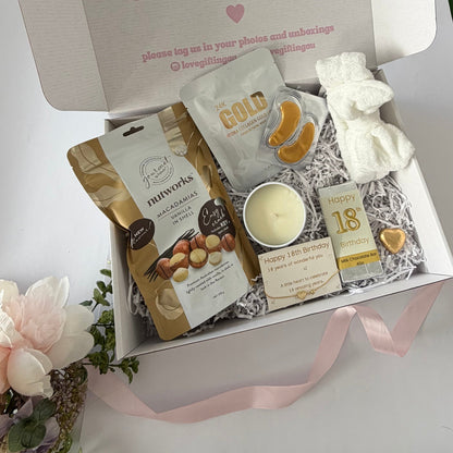 Celebrate her 18th with a beautiful birthday gift box filled with pampering, treats and a milestone keepsake. Optional sparkling wine. Australia-wide delivery.