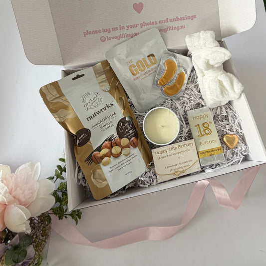 Celebrate her 18th with a beautiful birthday gift box filled with pampering, treats and a milestone keepsake. Optional sparkling wine. Australia-wide delivery.